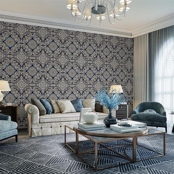 Adawall Seyyah 1301-5 Mavi Damask Desen Duvar Kağıdı