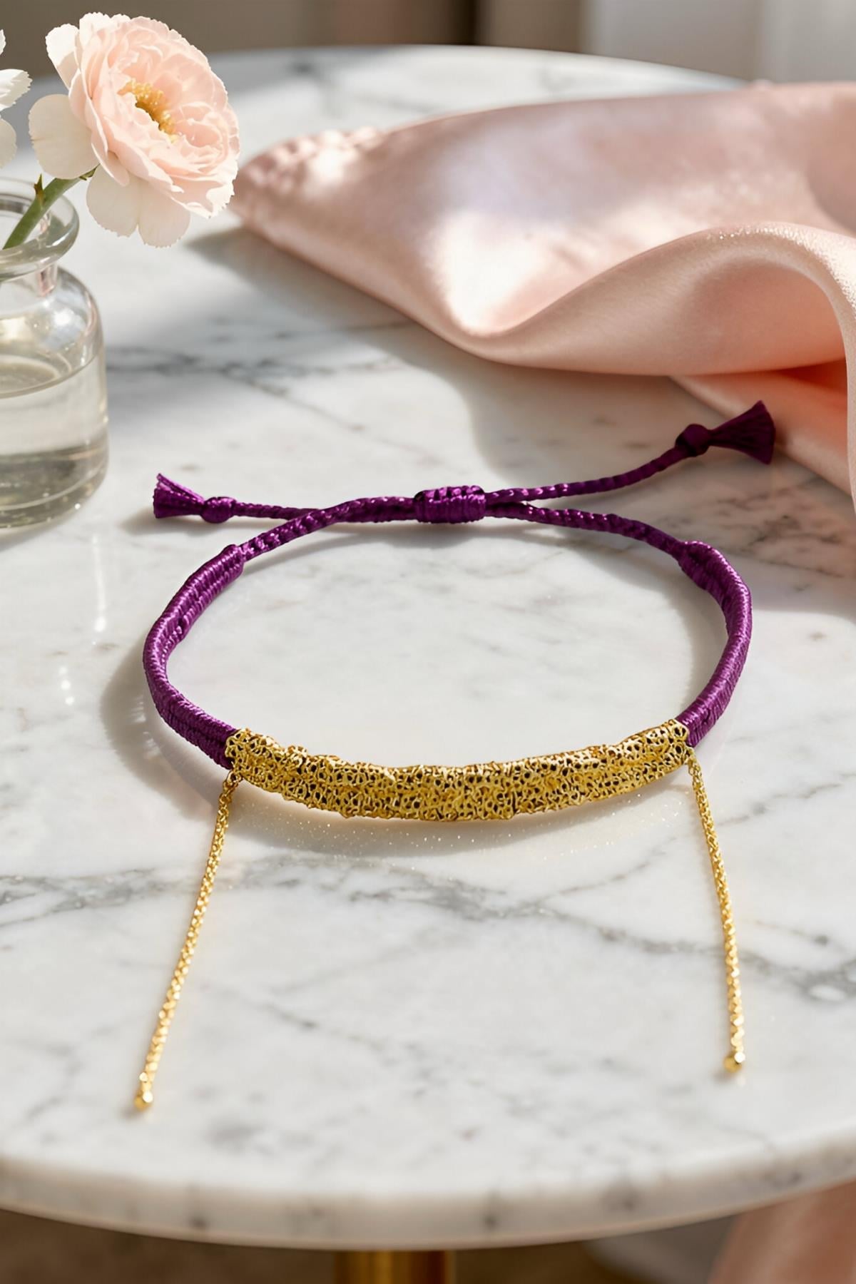 Handmade Mor Dokuma Zincir Sallantılı Kılçık Bileklik