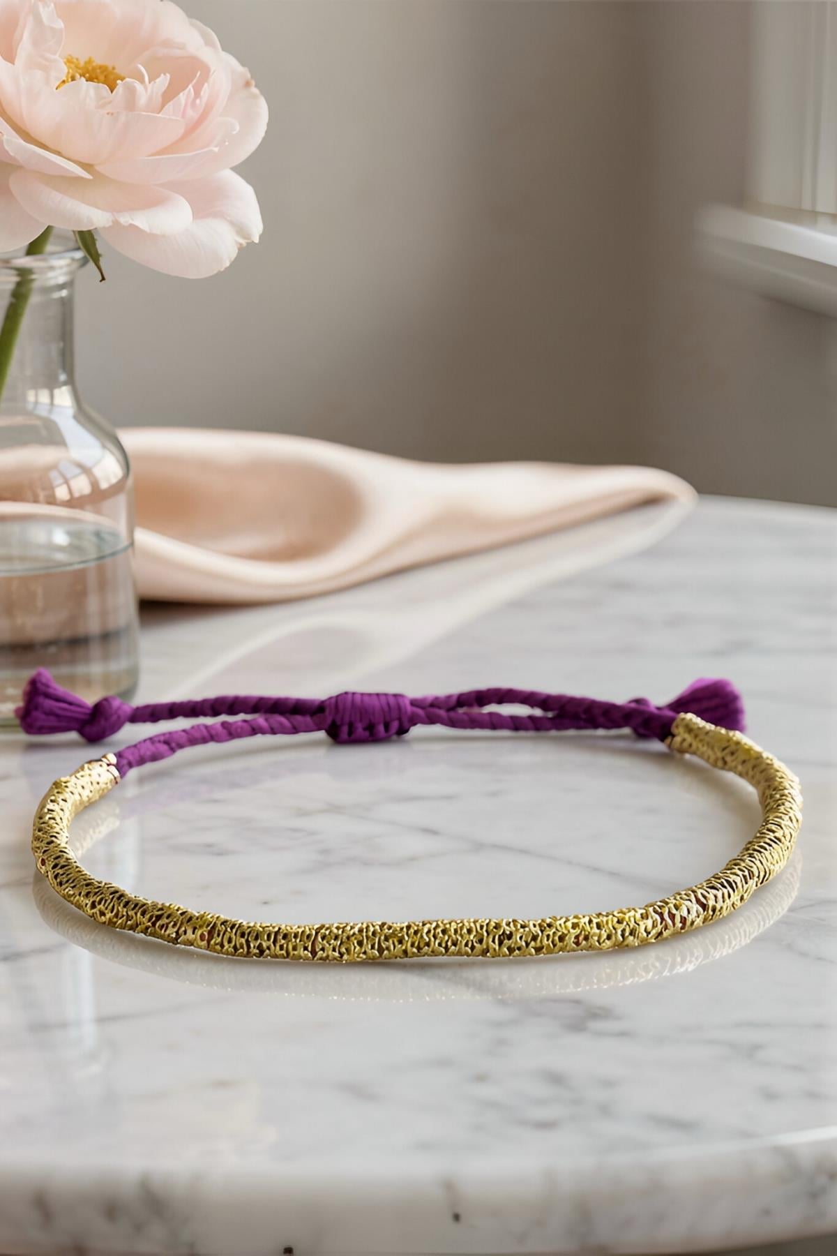 Handmade Mor İp Dolama Zincir Bileklik