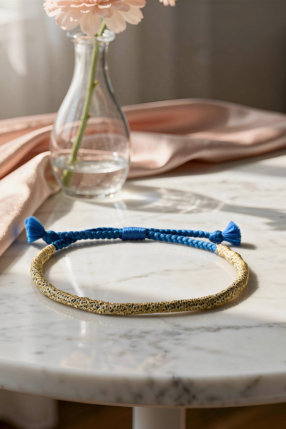 Handmade Saks Mavisi İp Dolama Zincir Bileklik
