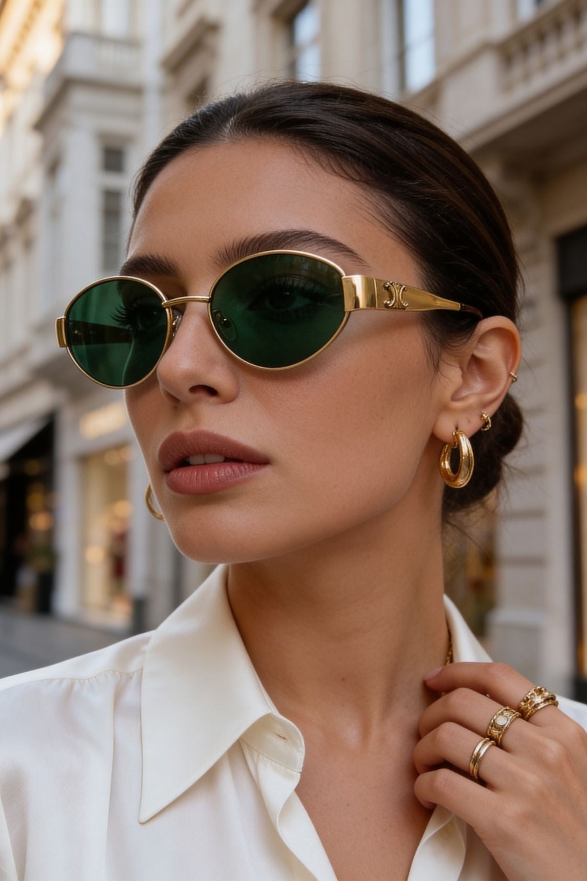 Mossomia Elips Gold Çerçeveli Yeşil Camlı Güneş Gözlüğü