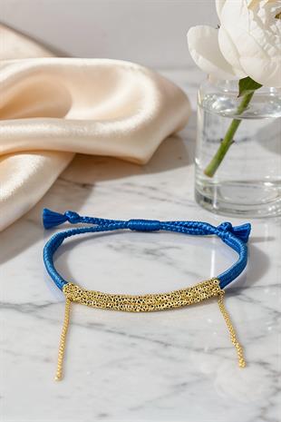 Handmade Saks Mavisi Dokuma Zincir Sallantılı Kılçık Bileklik