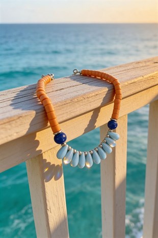 Mavi Cam Boncuk Turuncu Kolye