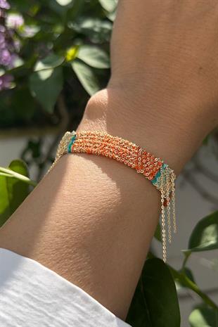 Tutkunun Işıltısı - Handmade Dokuma Turuncu Zincir Bileklik