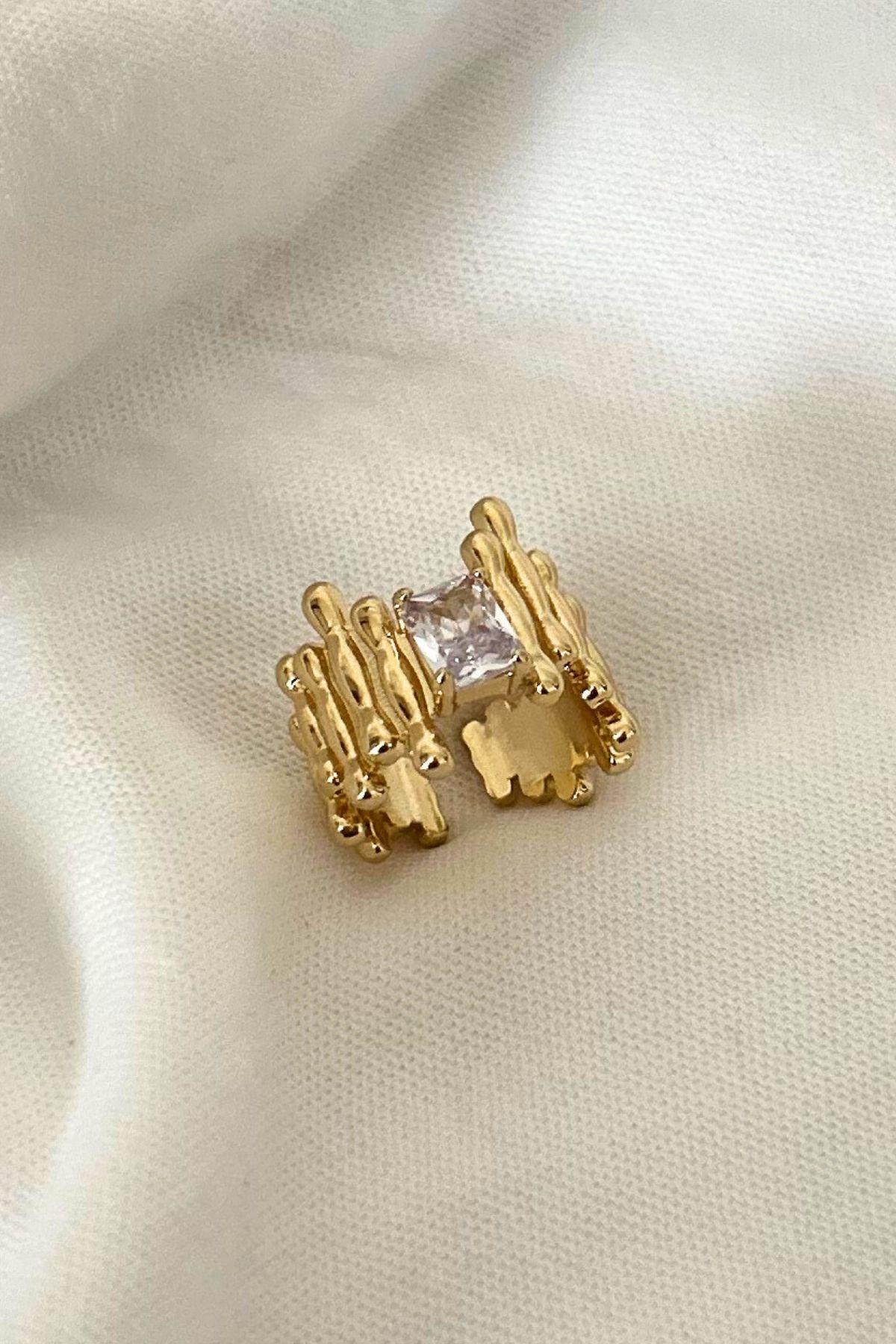 Altın Kaplama Ayarlanabilir Kalın Tırtıklı Baget Taş Yüzük