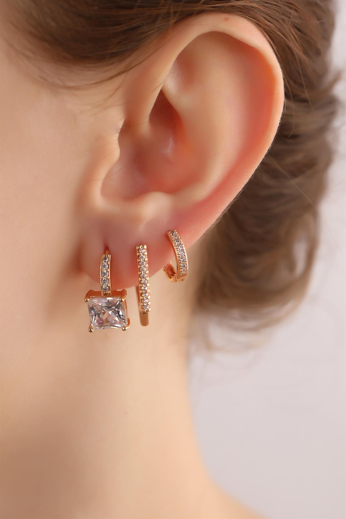 Gold Plated Baguette Zircon Stone Triple Set Earrings