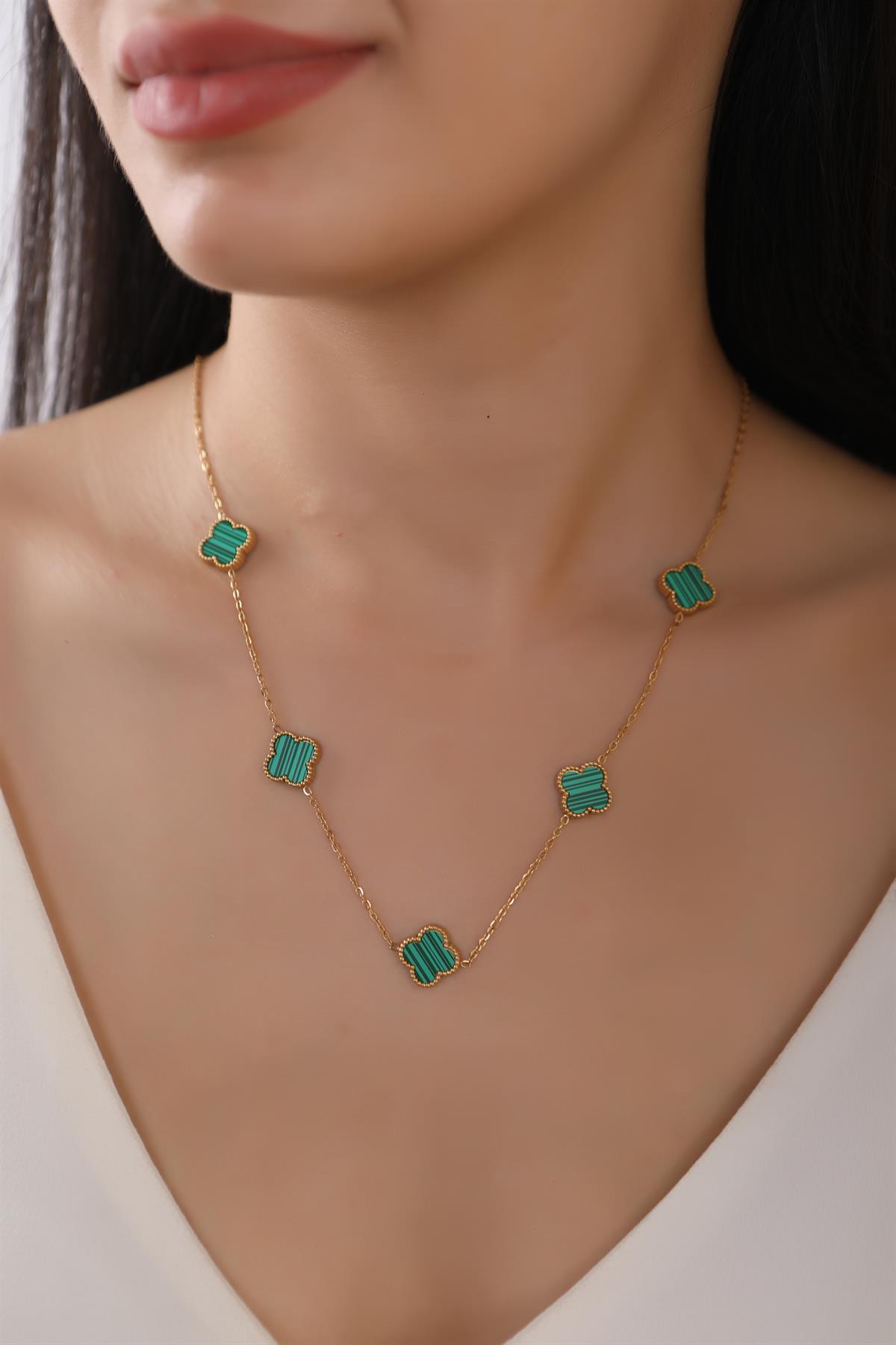 Gold Plated Quintet Green Clover Steel Chain Necklace