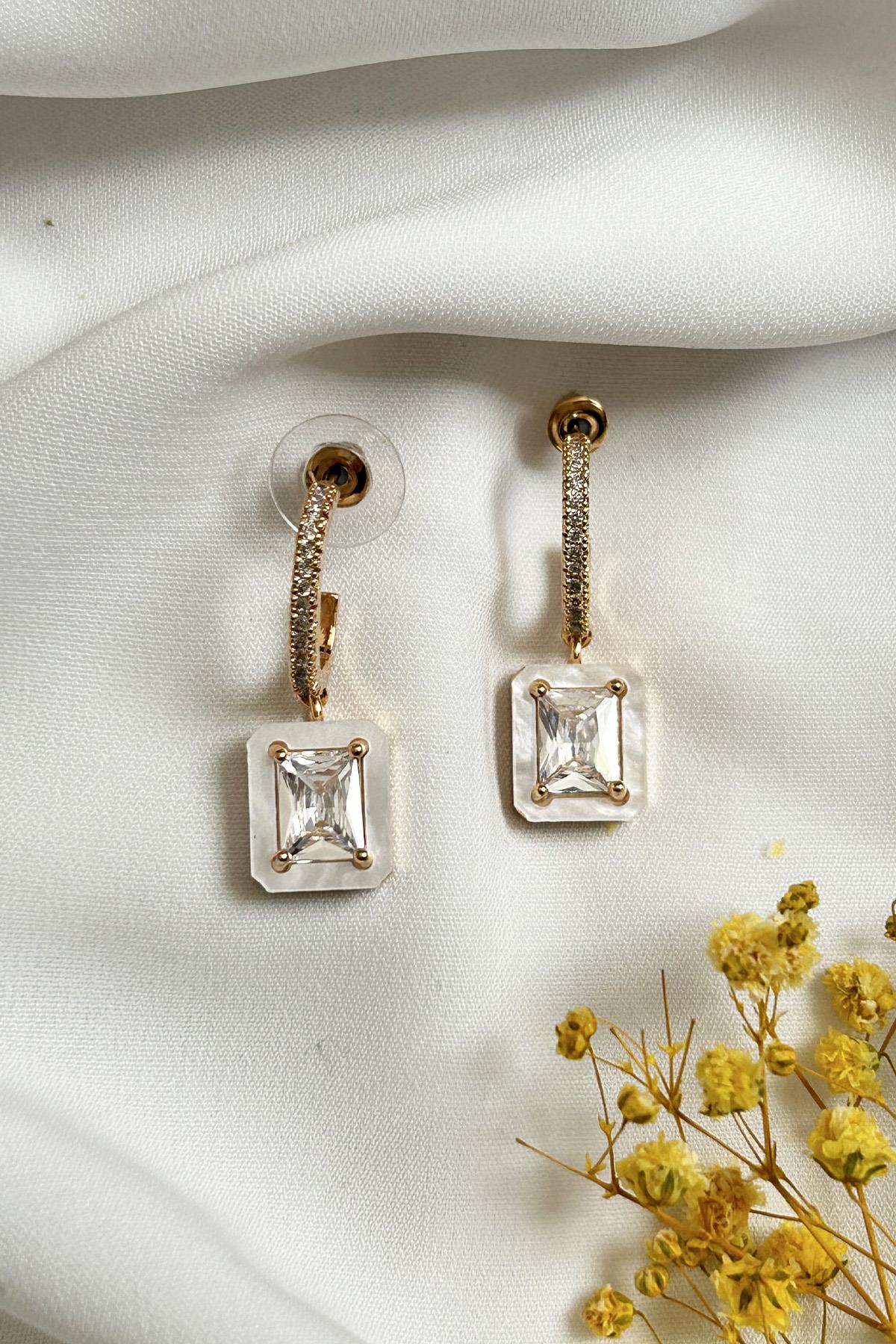 Gold Plated White Baguette Stone Earrings