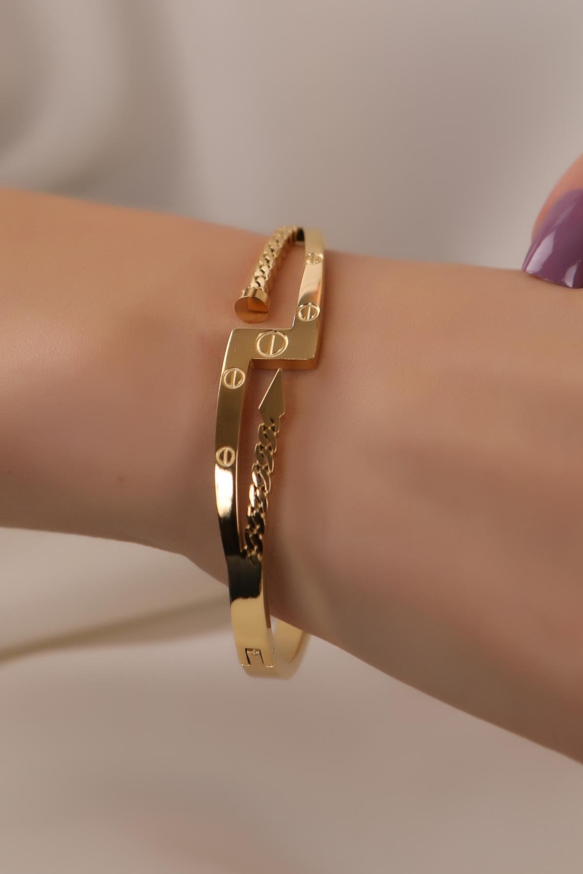 Altın Kaplama C.Model Çivi Çelik Kelepçe Bilezik