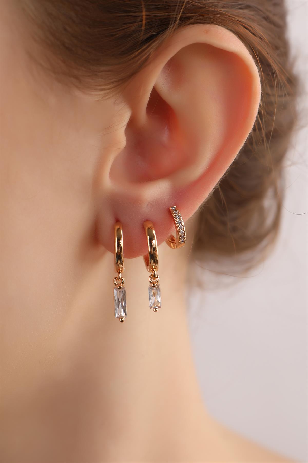 Gold Plated Rectangular Zircon Stone Triple Set Earrings