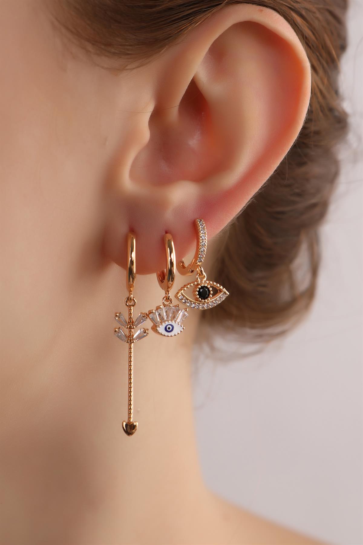 Gold Plated Eye Detailed Triple Set Earrings