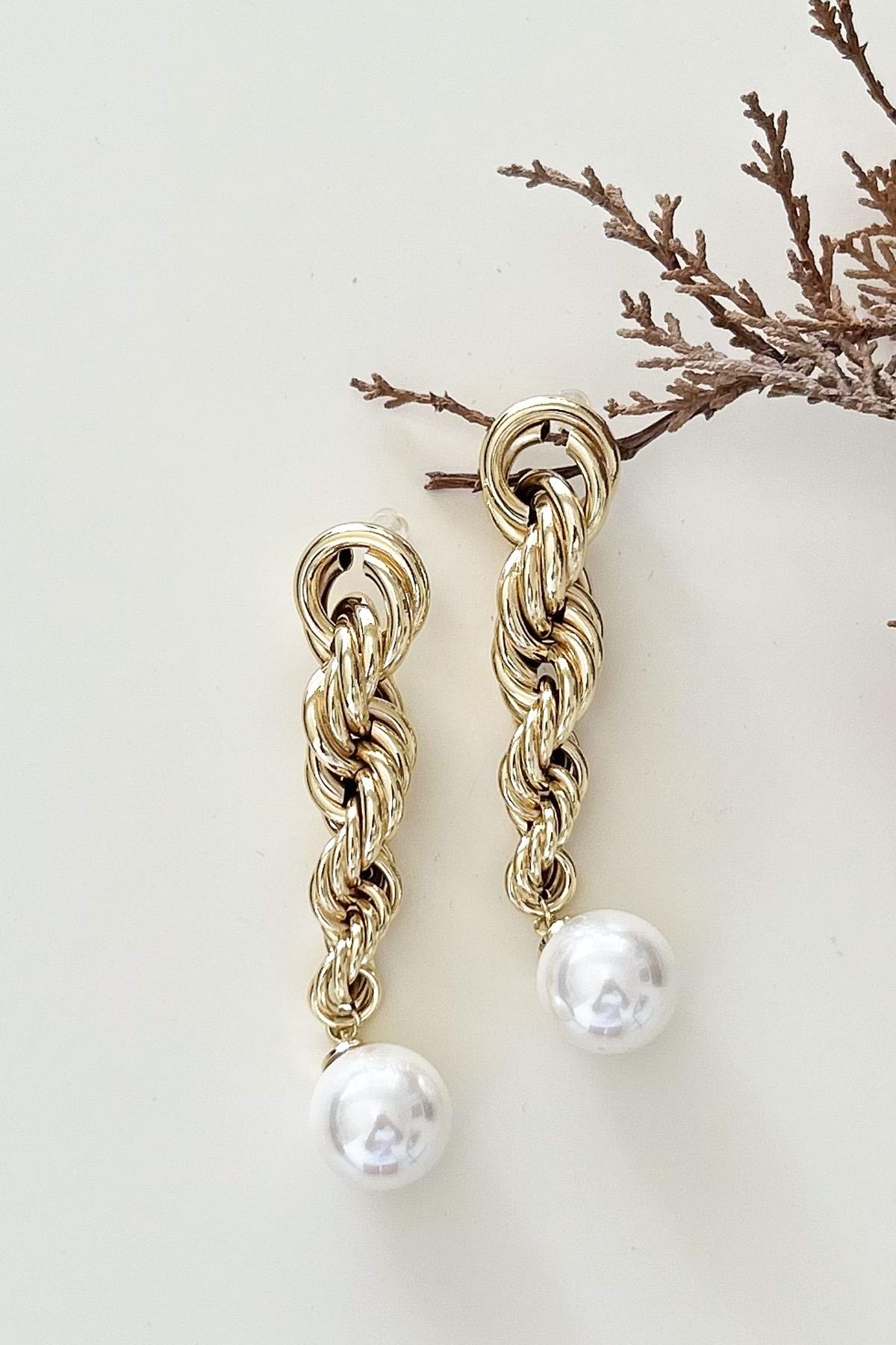 Altın Kaplama İnci Detaylı Burgu Zincir Küpe