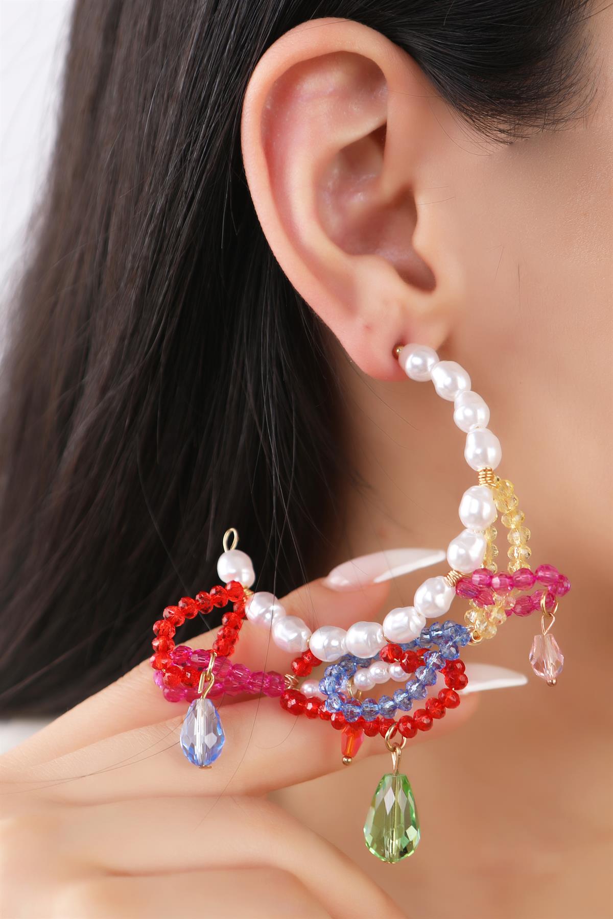 Altın Kaplama İnci Detaylı Kristal Boncuklu Küpe