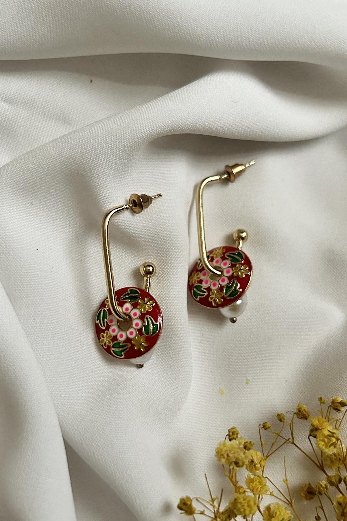Gold Plated Red Enamel Flower Design Earrings