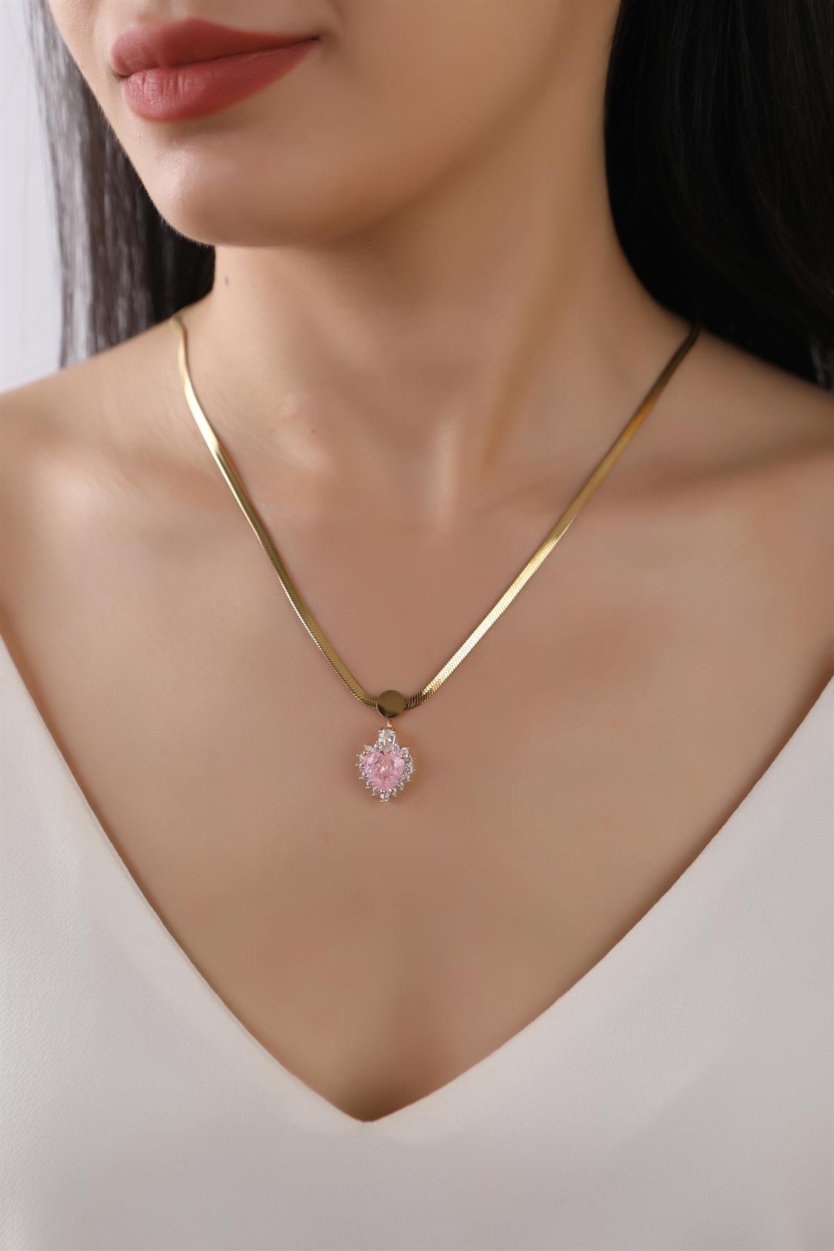 Gold Plated Pink Heart Detailed Baguette Stone Italian Chain Steel Necklace
