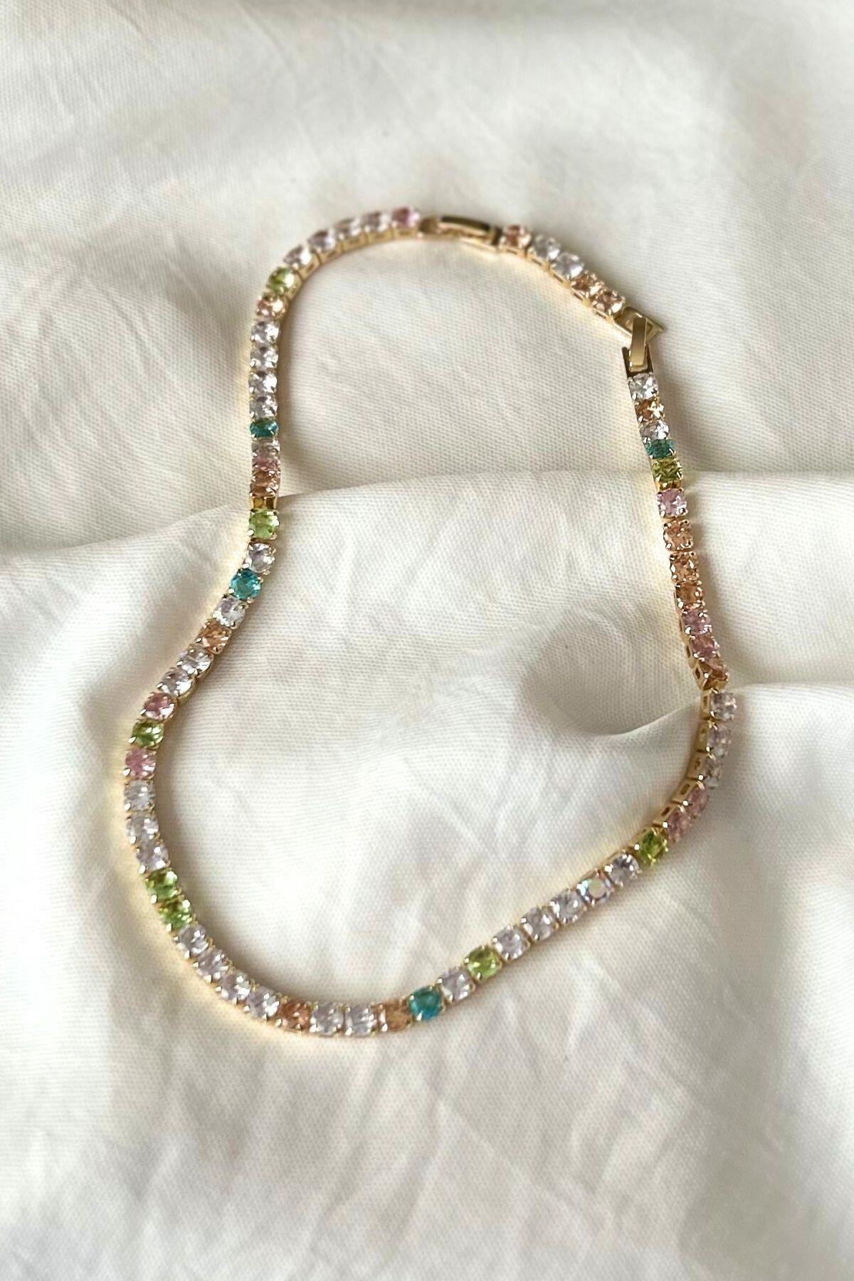 Altın Kaplama Renkli Baget Taşlı Kolye