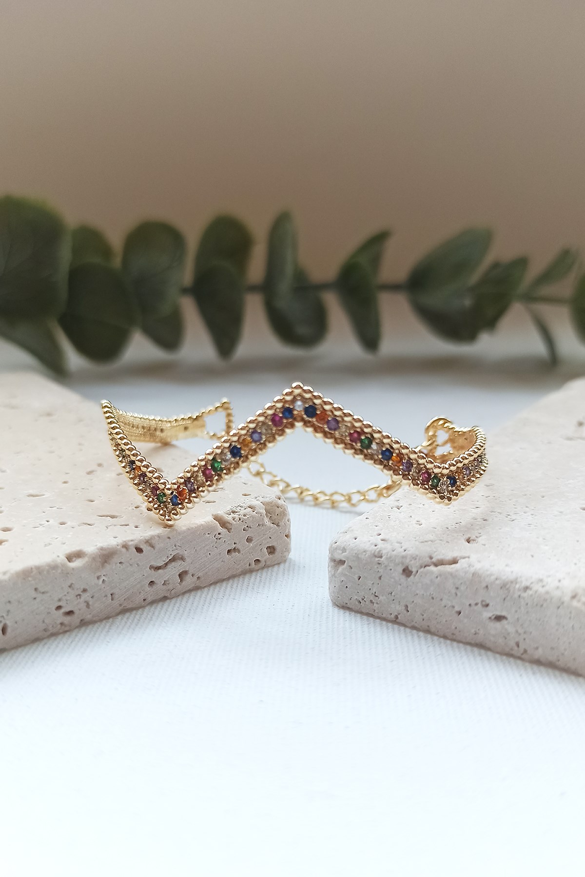 Altın Kaplama Renkli Zirkon Taşlı Zigzag Ayarlanabilir Bilezik