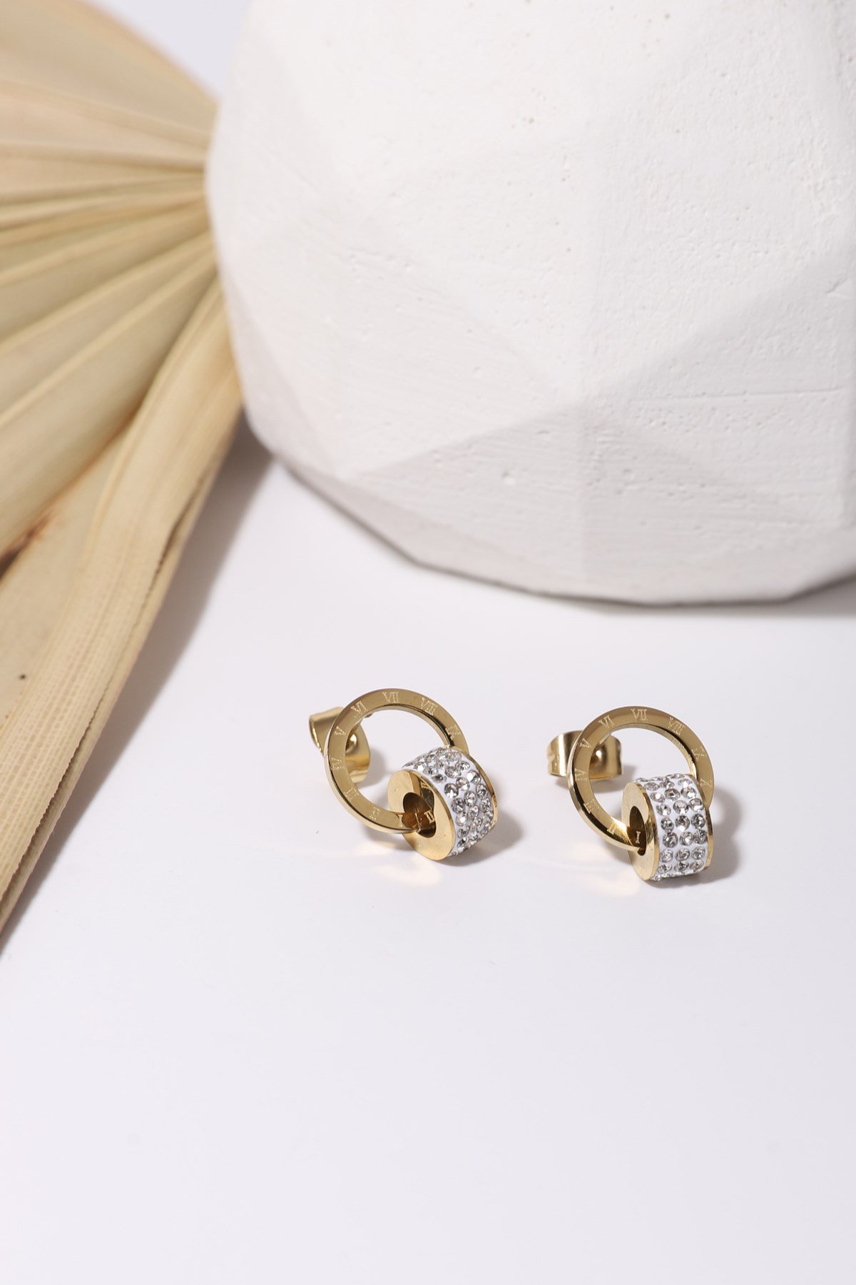 Gold Plated Roman Numeral Zircon Stone Steel Earrings 