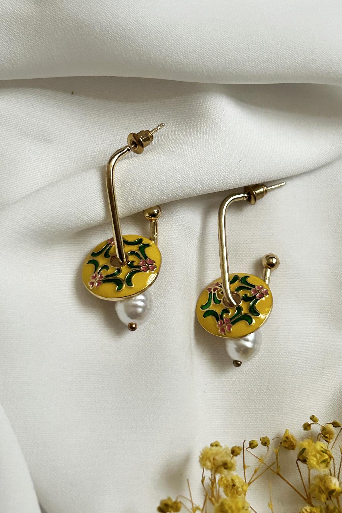Gold Plated Yellow Enamel Flower Design Earrings