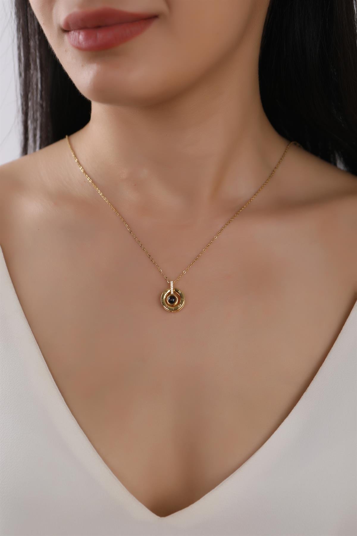 Gold Plated Black Bead Ring Pendant Steel Chain Necklace