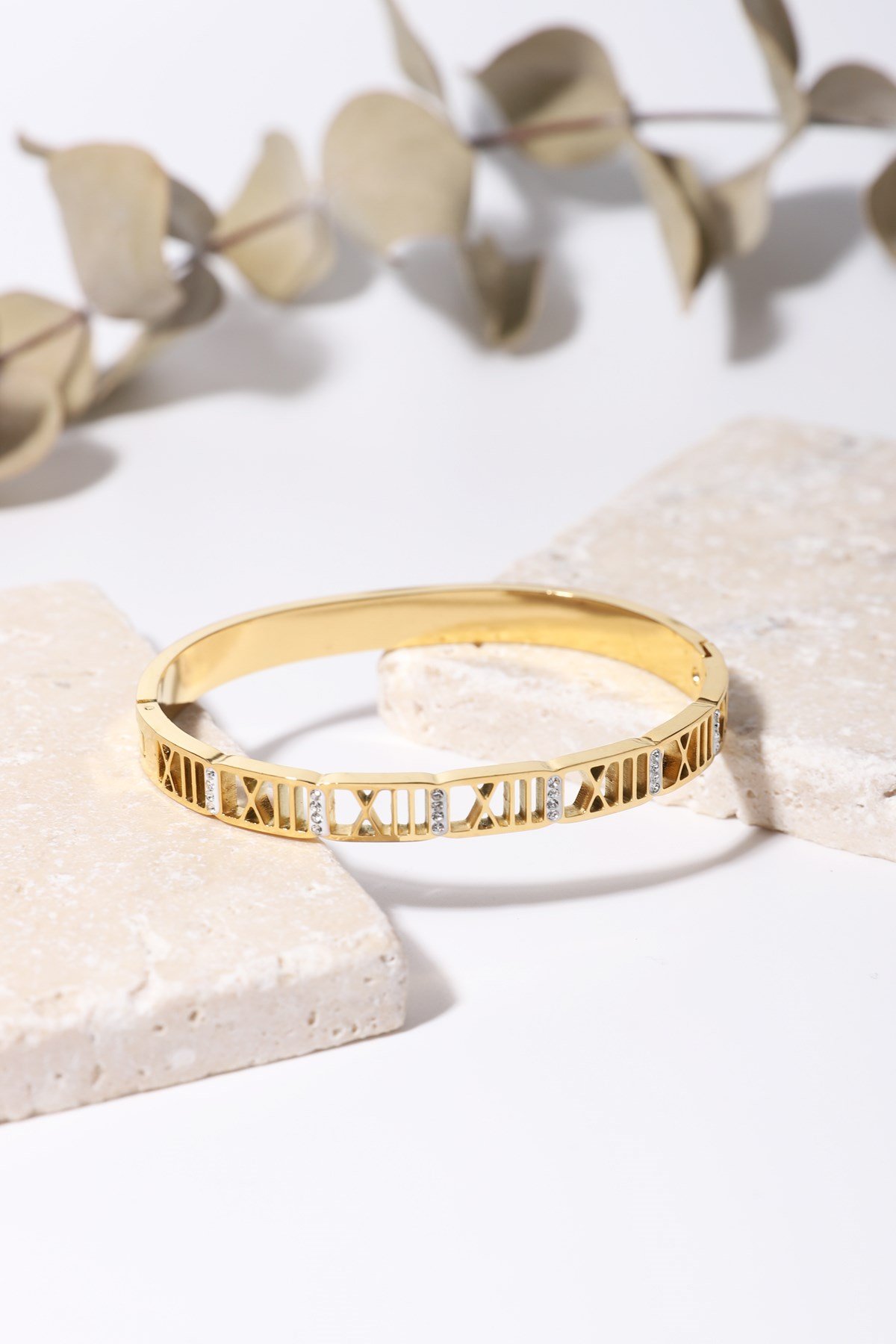 Gold Plated Stone Roman Numeral Cuff Bracelet