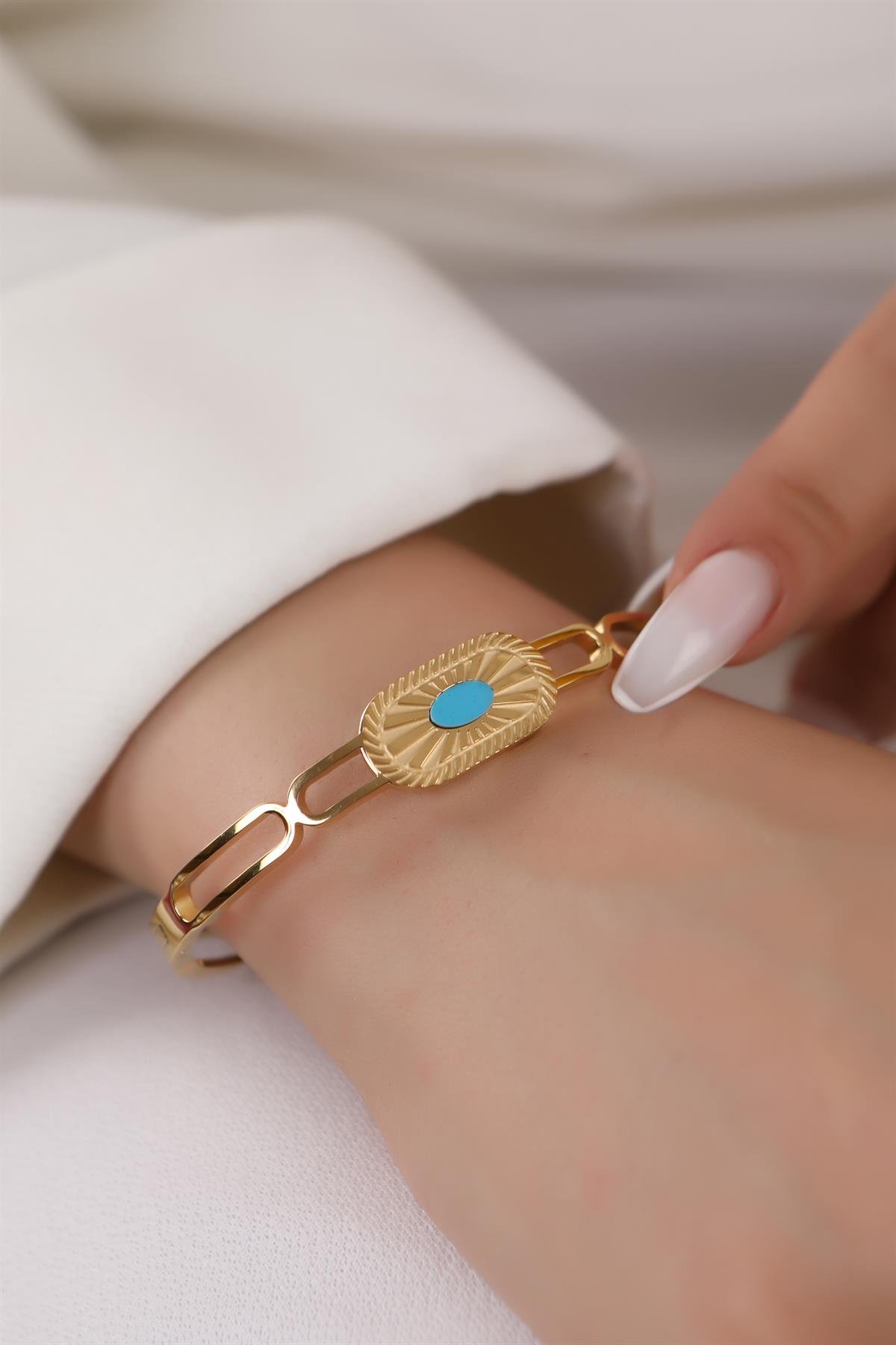 Gold Plated Turquoise Stone Clamp Steel Bracelet