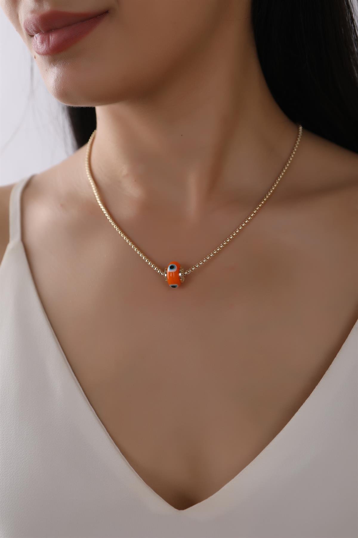 Gold Plated Orange Glass Bead Eye Necklace