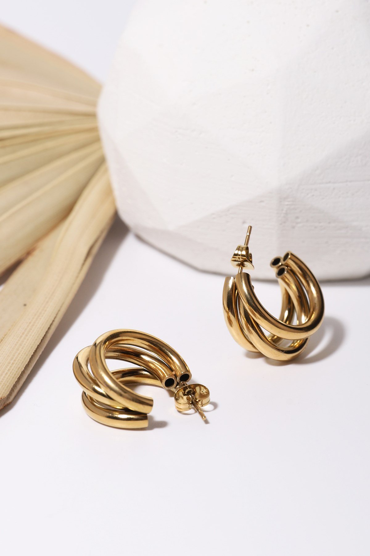 Gold Plated Three Row Steel Hoop Earrings