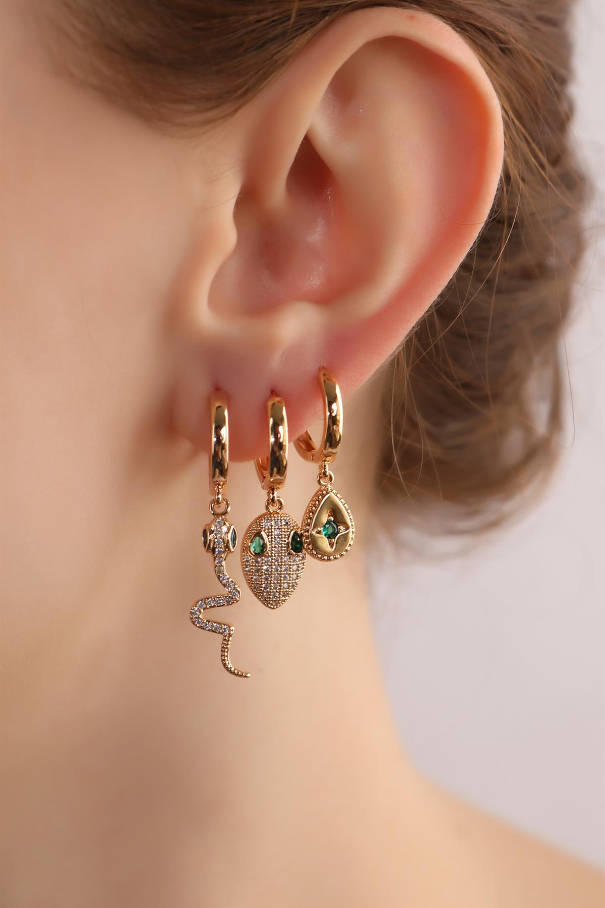Gold Plated Green Eyed Snake Triple Set Earrings