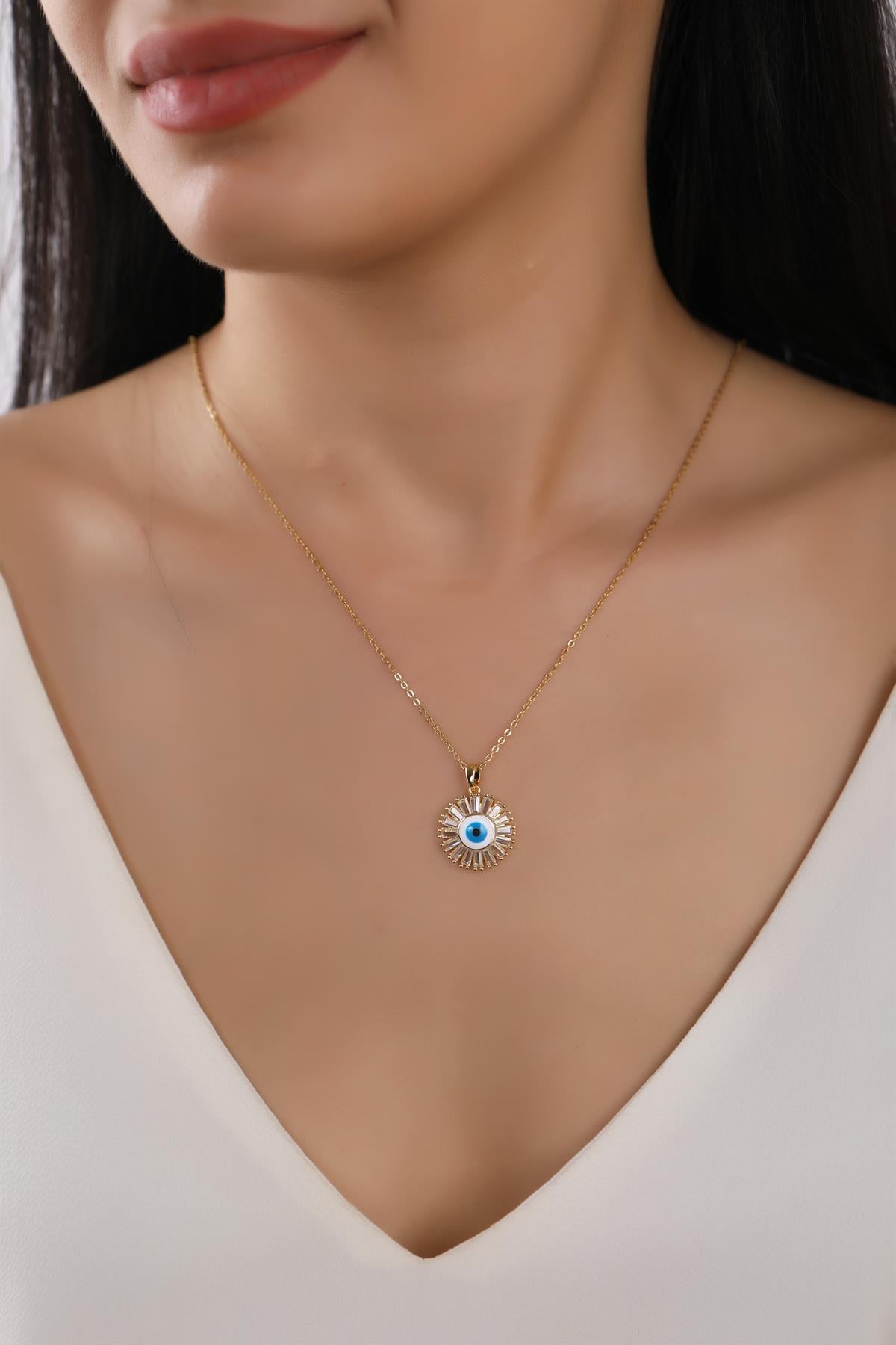 Gold Plated Evil Eye Round Pendant Stainless Steel Chain Necklace