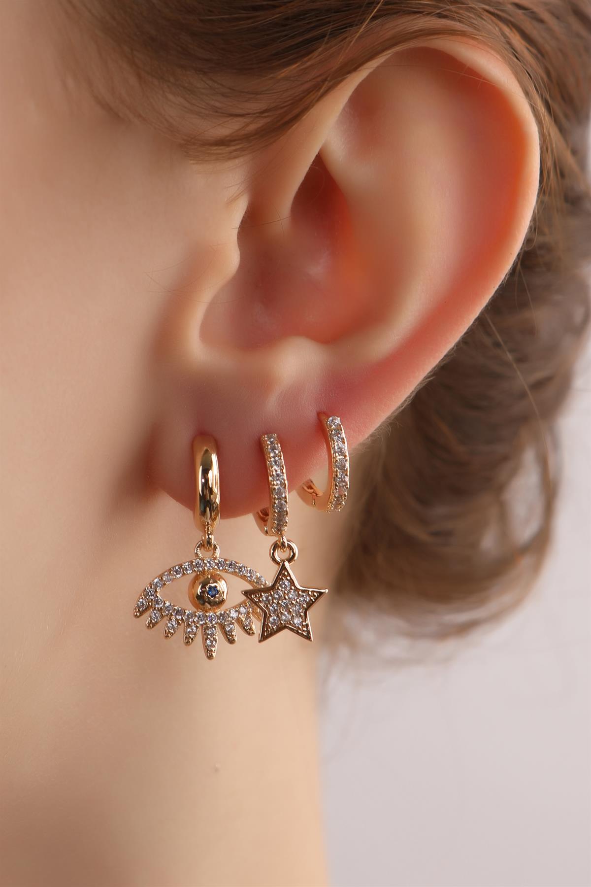 Gold Plated Zircon Stone Eye Lash Triple Set Earrings