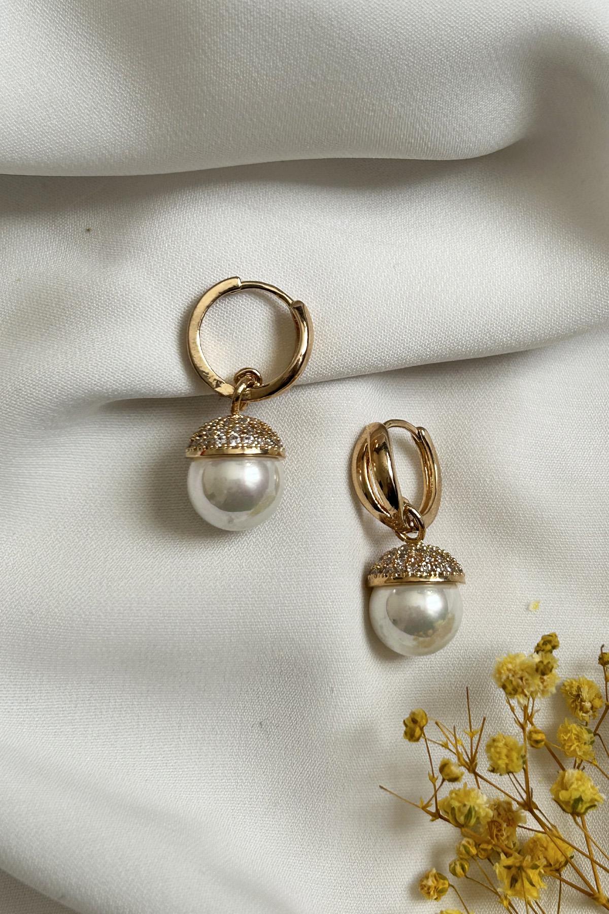 Gold Plated Zircon Stone Pearl Dangle Earrings