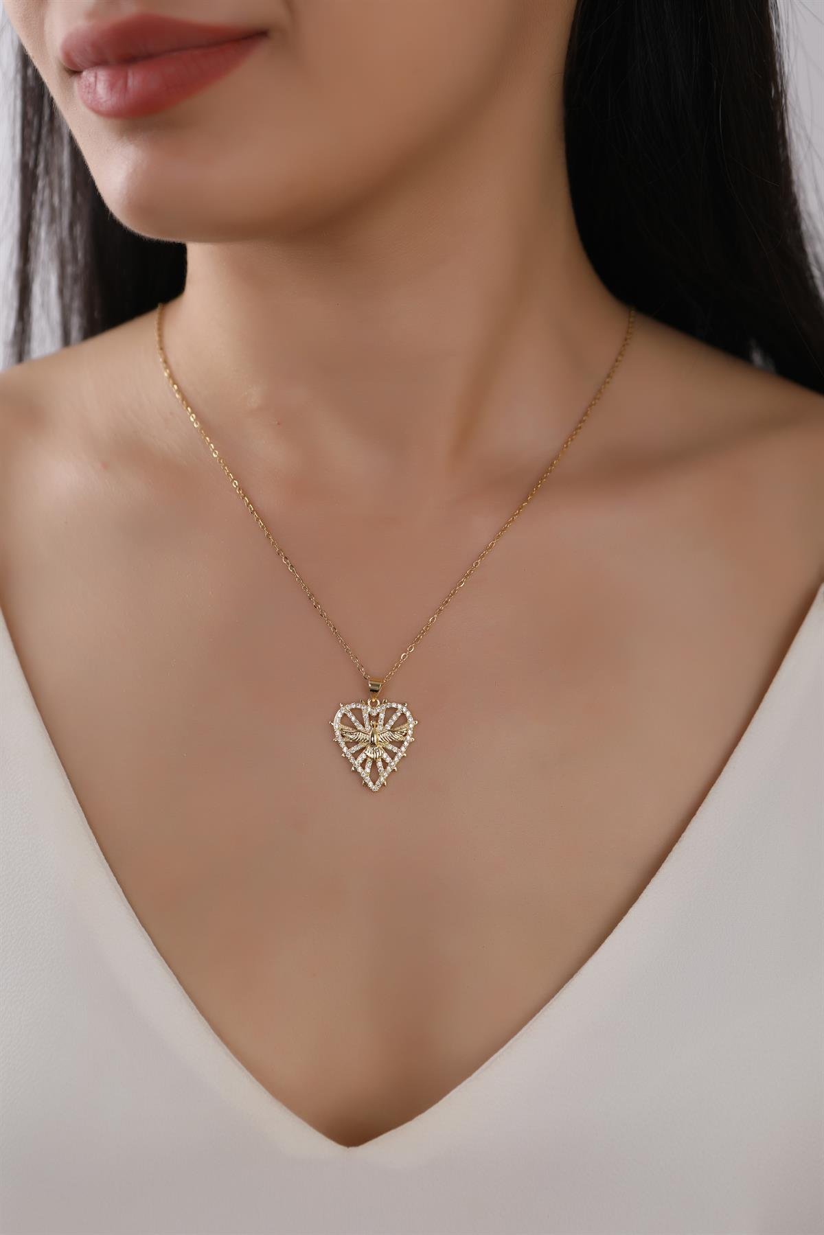 Gold Plated Zircon Stone Heart Pendant Steel Chain Necklace