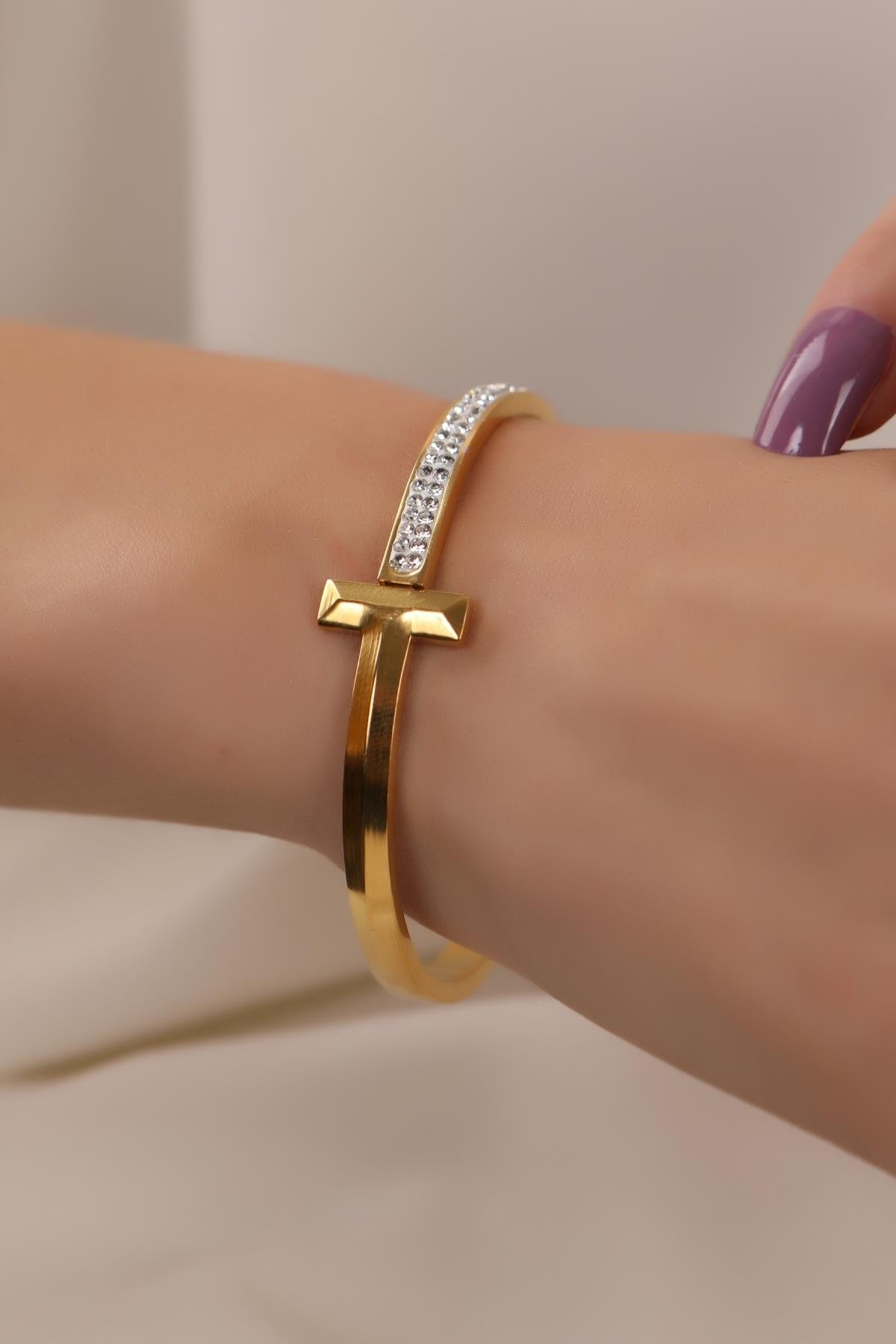 Gold Plated Brand Cuff Bracelet with Zircon Stone