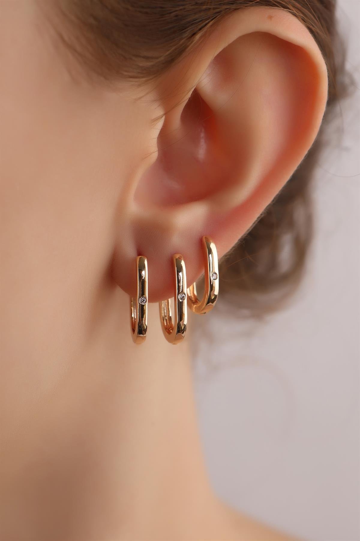 Gold Plated Zircon Stone Oval Rectangle Triple Set Earrings