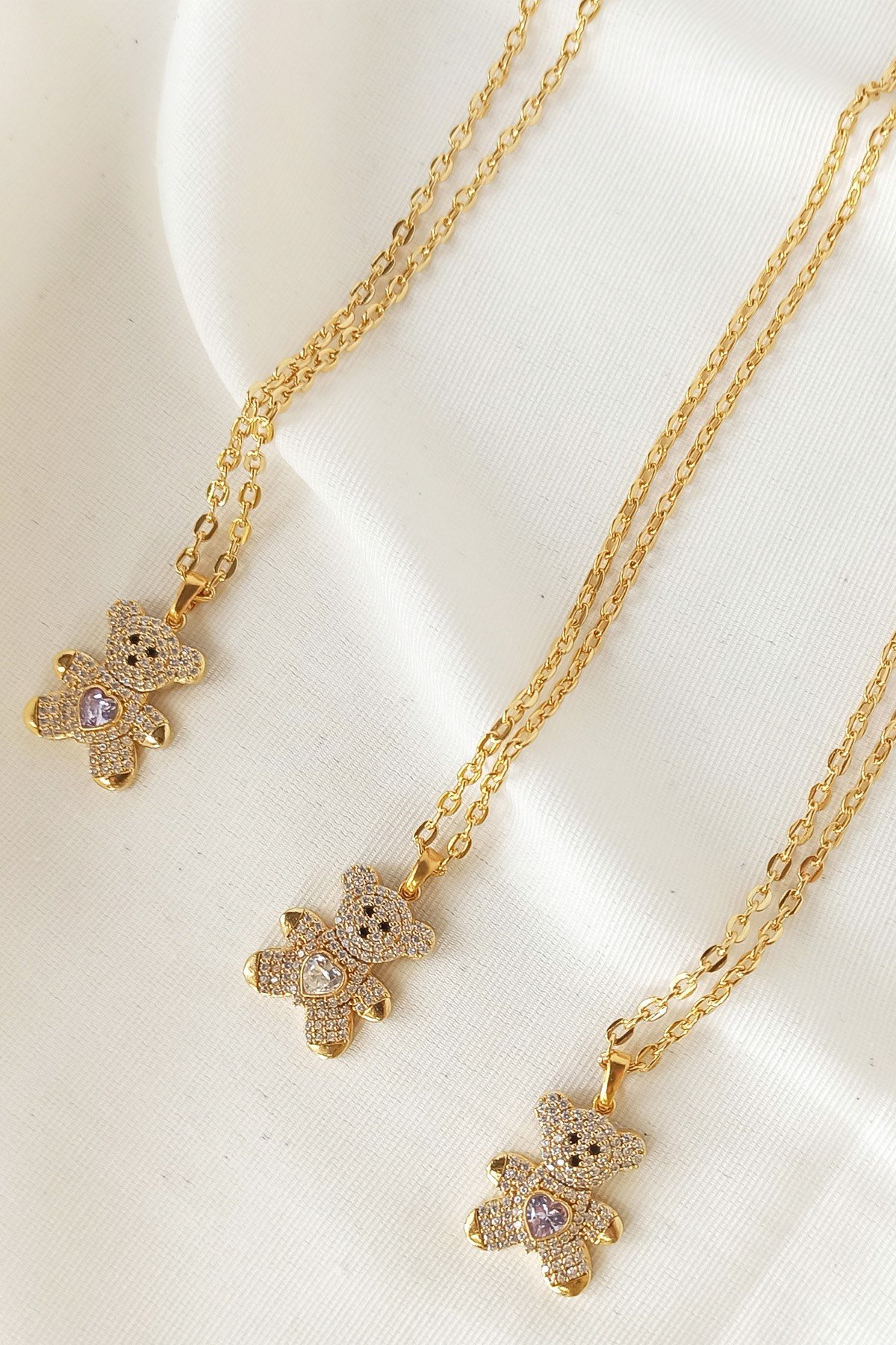Altın Kaplama Zirkon Taşlı Teddy Bear Zincir Kolye