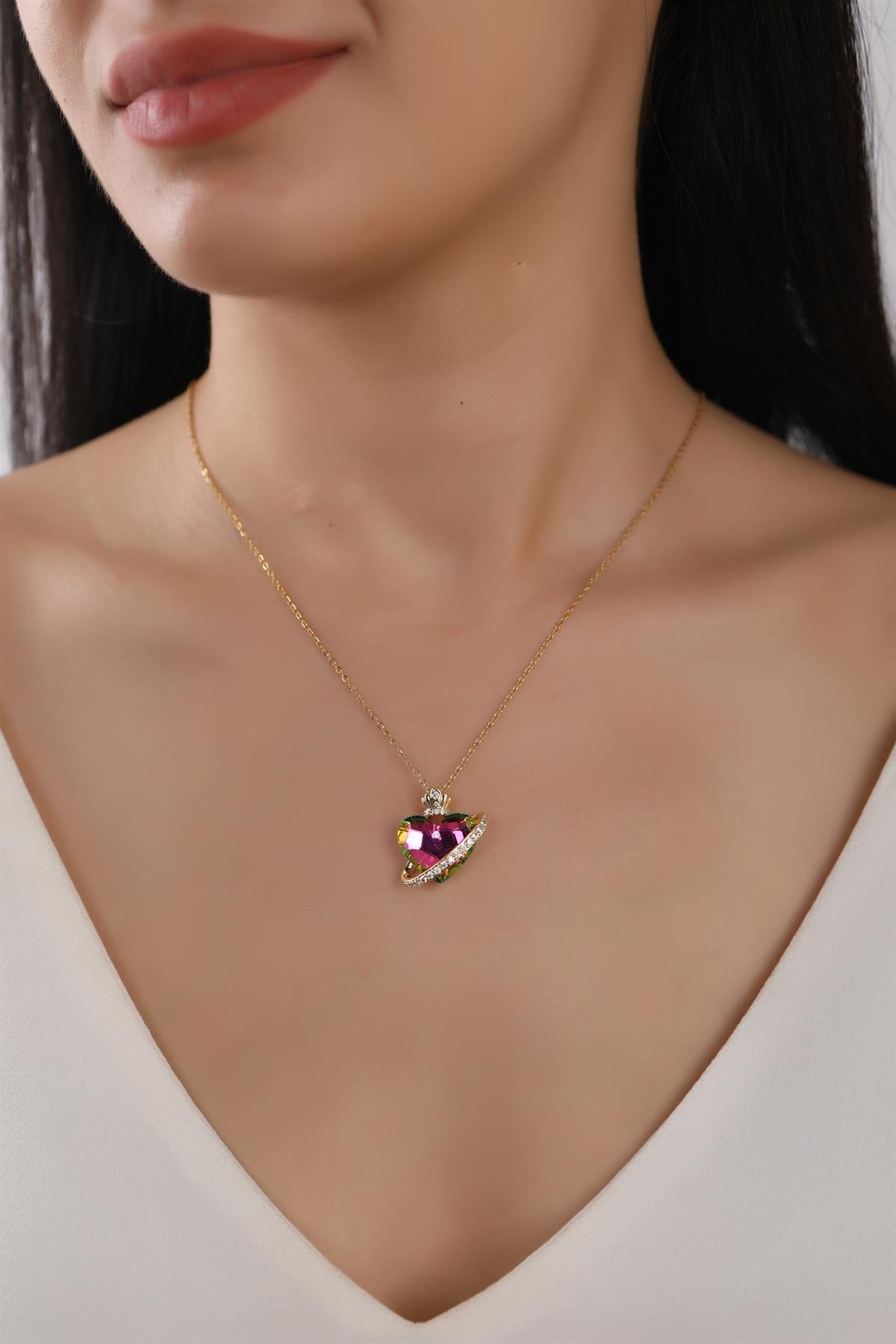 Gold Plated Zircon Stone Three Dimensional Heart Pendant Steel Chain Necklace