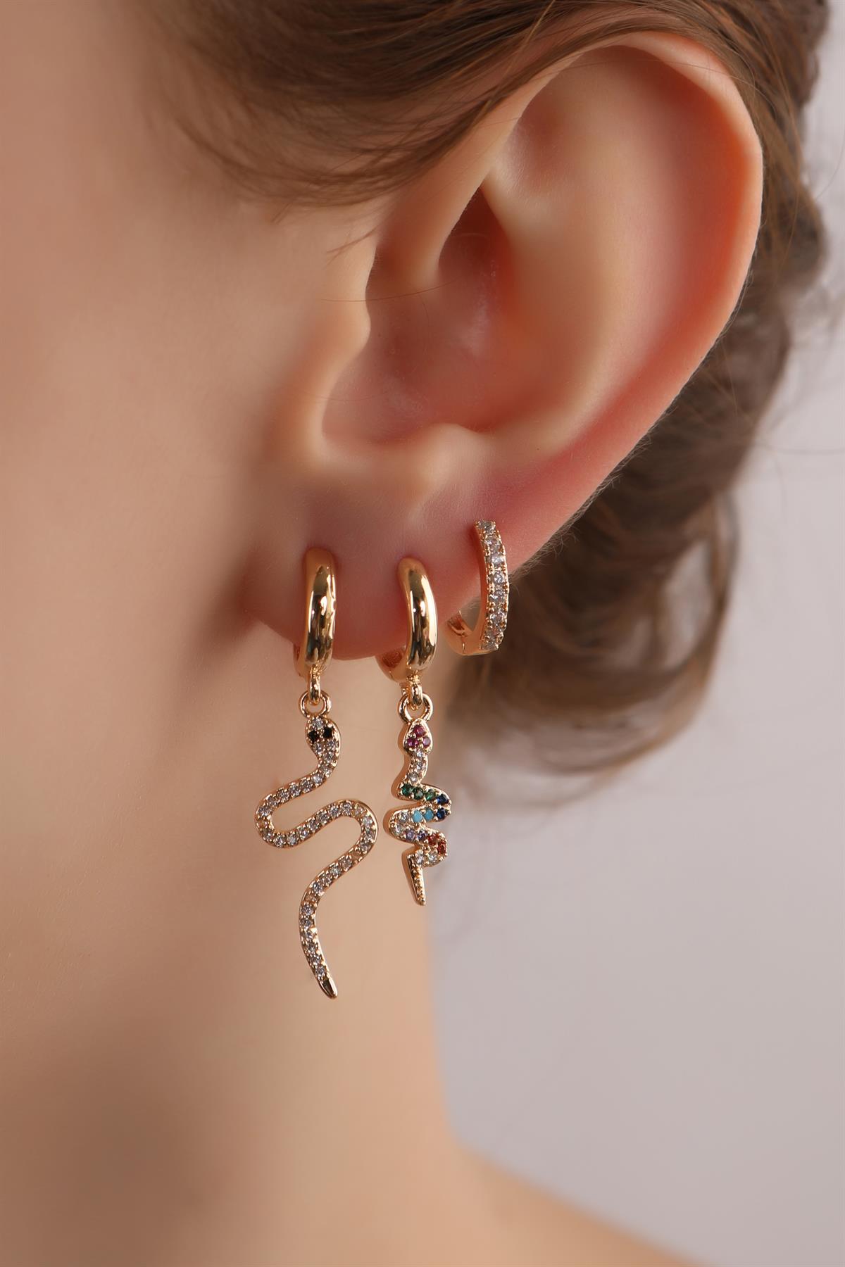 Gold Plated Zircon Stone Snake Triple Set Earrings