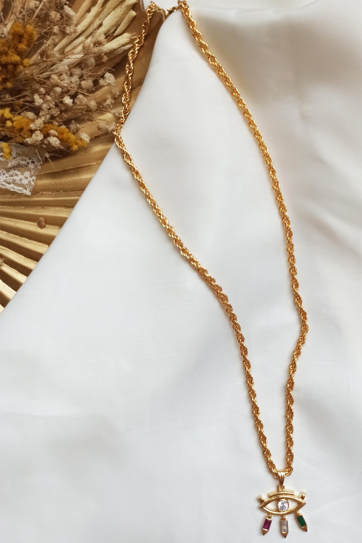 Burgu Zincir Renkli Kristal Taşlı Göz Kolye