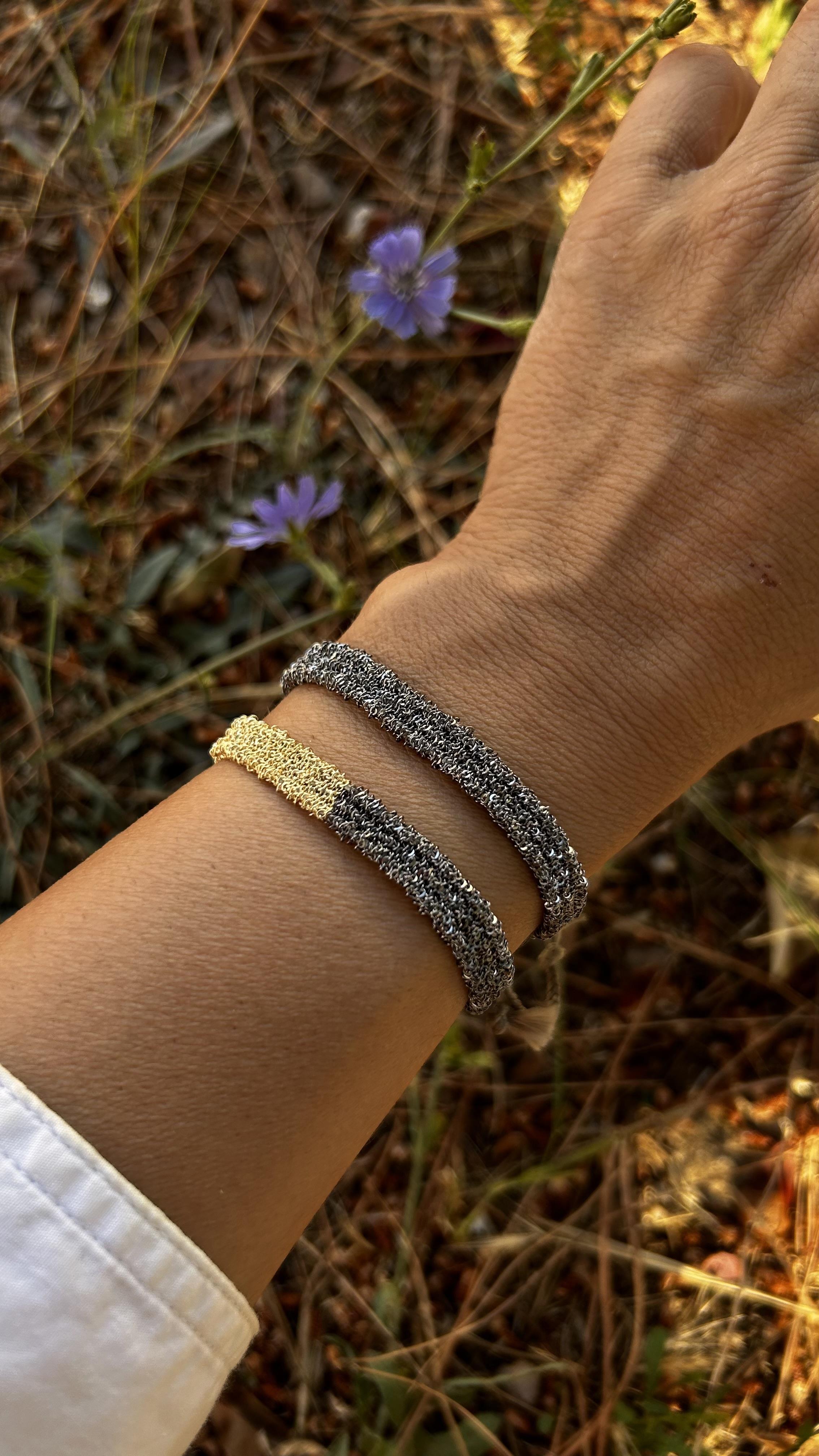 El Emeği Unisex Füme Gold Renk Detaylı Dokuma Zincir Bileklik İkili Kombin