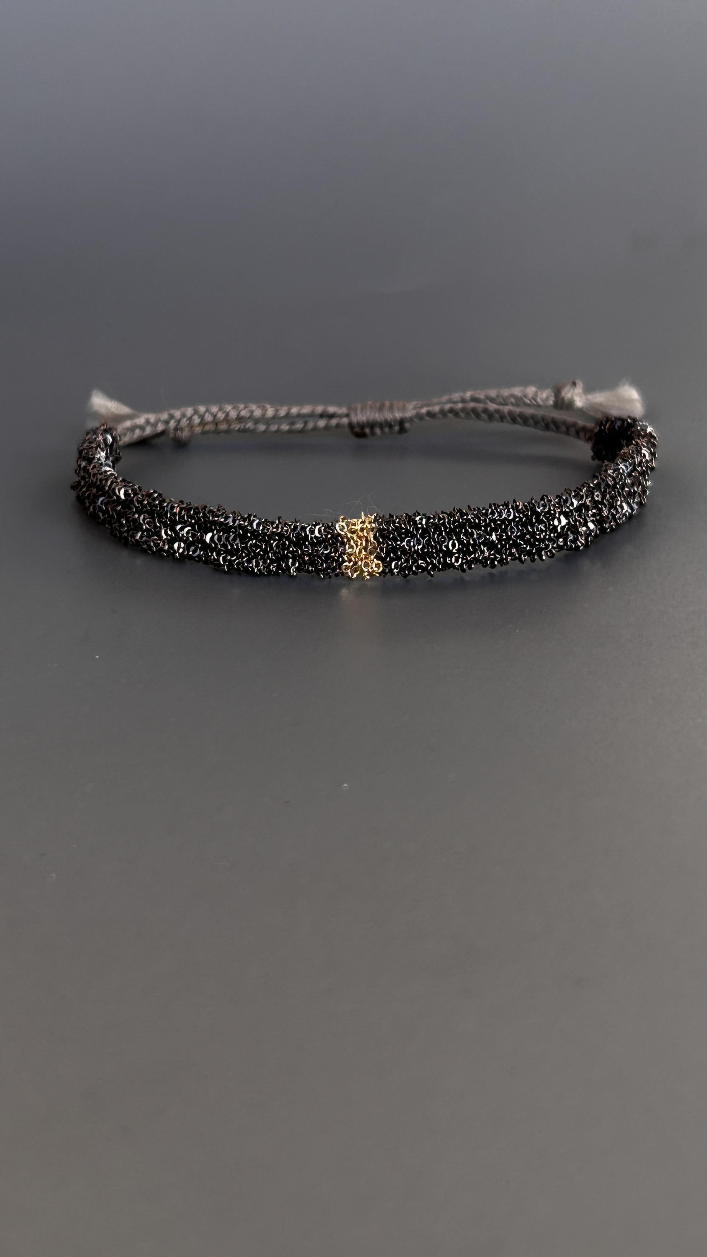 El Emeği Unisex Füme Renk Gold Detaylı Ayarlanabilir Dokuma Zincir Bileklik
