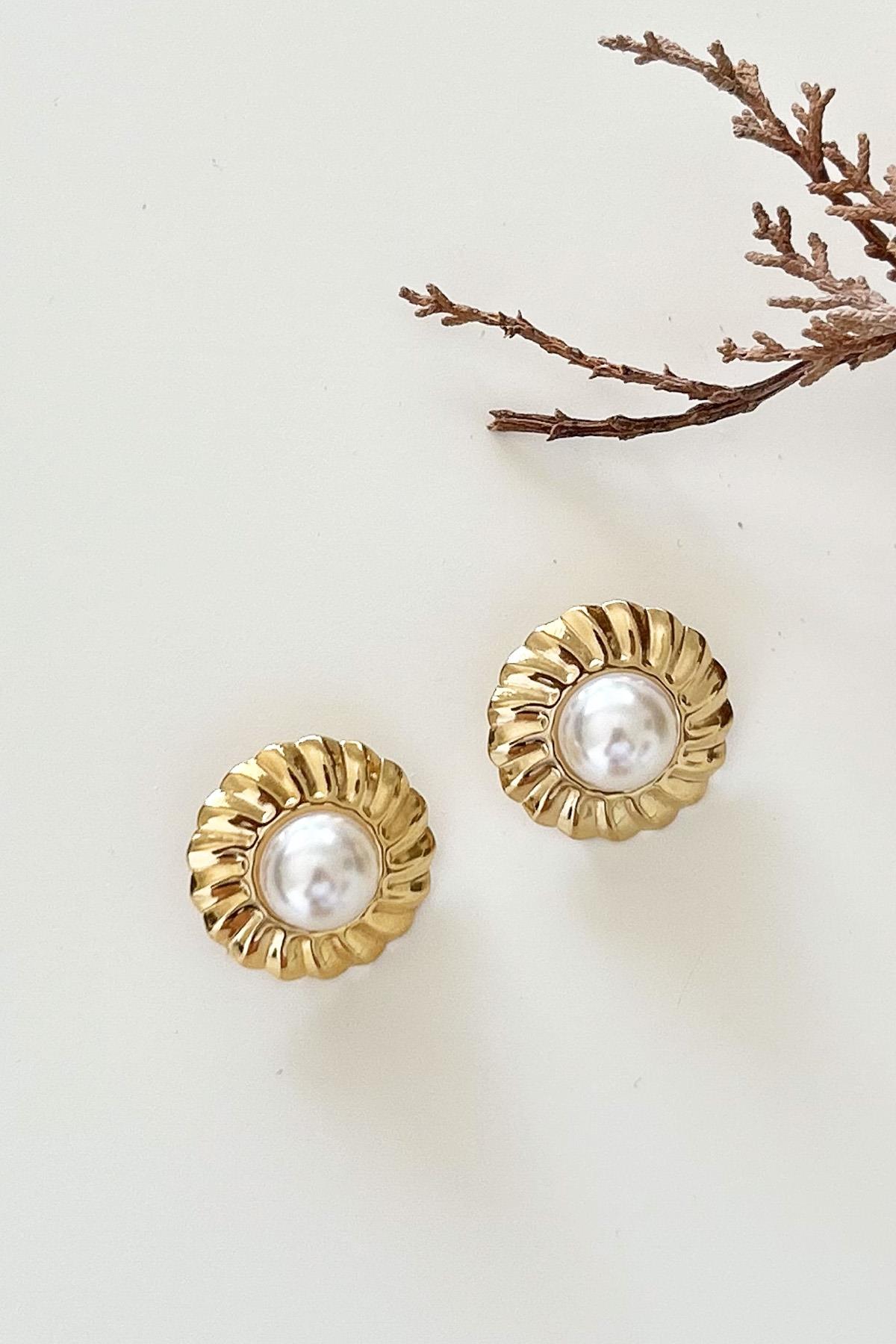 Gold Plaka İnci Küpe