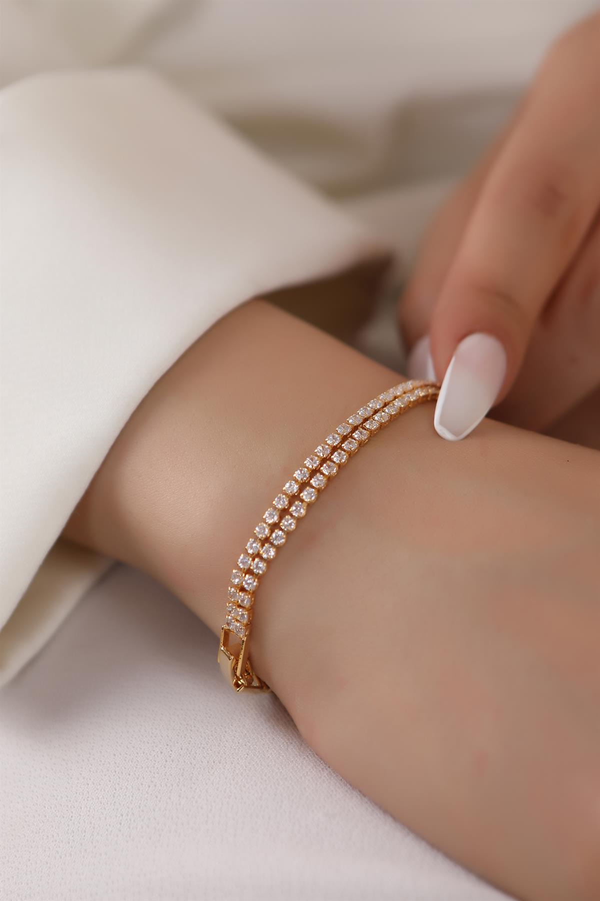 Gold Renk Zirkon Taşlı Çift Sıra Su yolu Bileklik