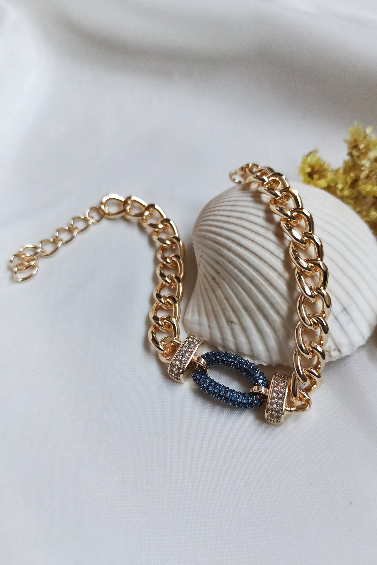 Gold Zircon Stone Chain Navy Blue Oval Bracelet