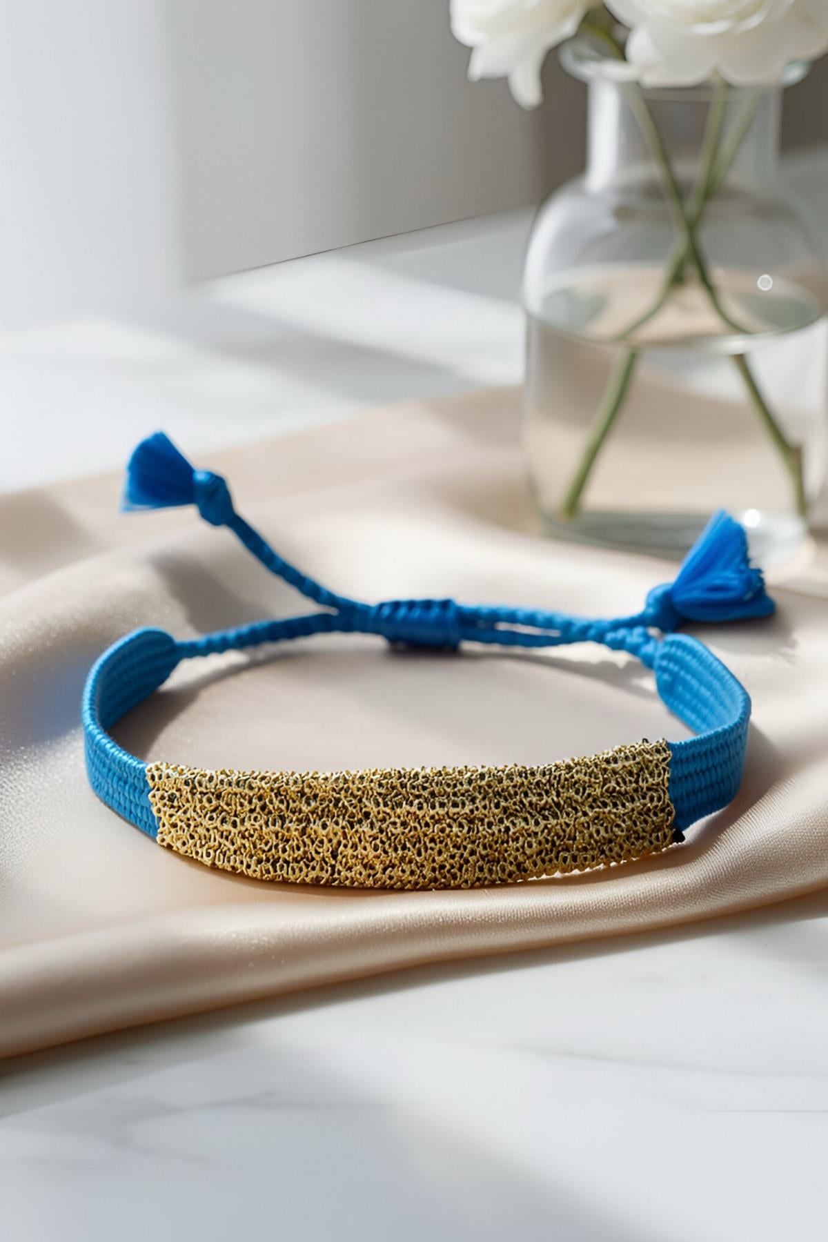 Handmade Dokuma İp ve Zincir Dokuma Saks Mavisi Bilezik