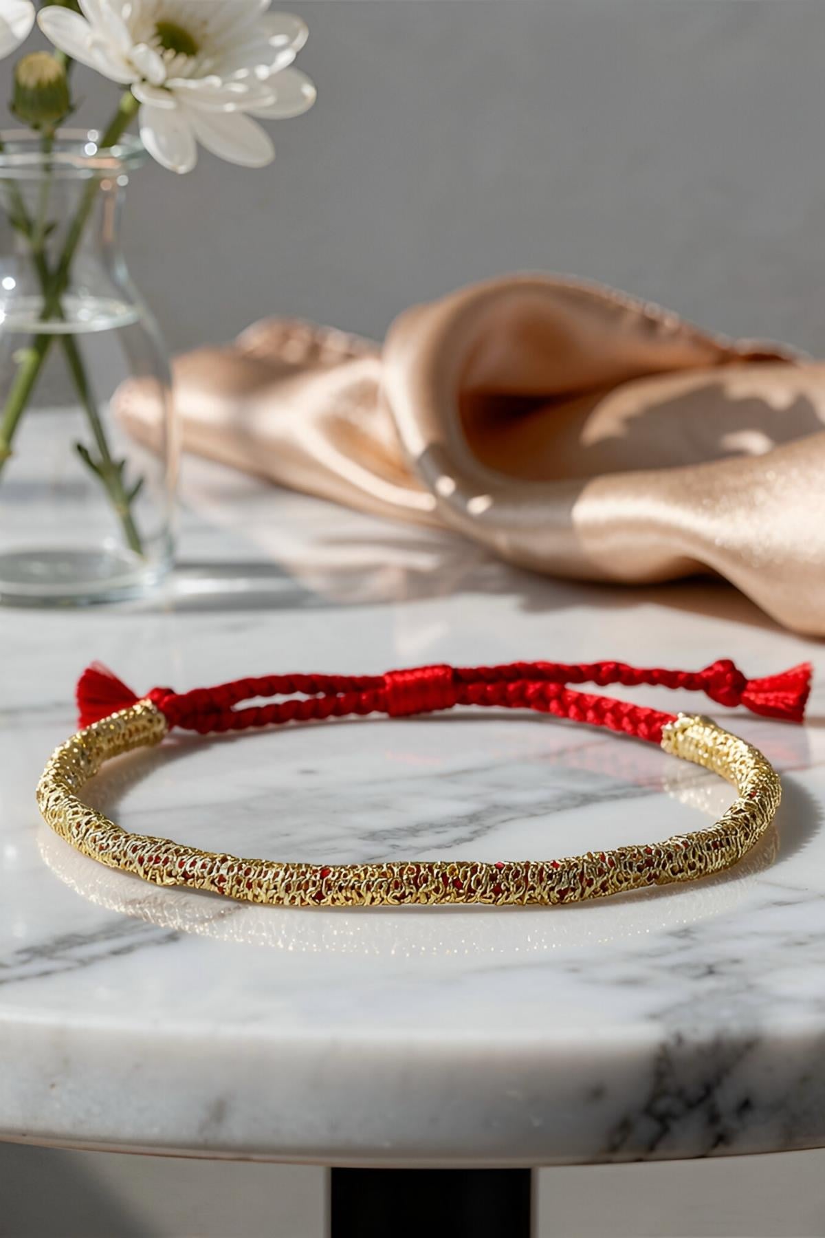 Handmade Kırmızı İp Dolama Zincir Bileklik
