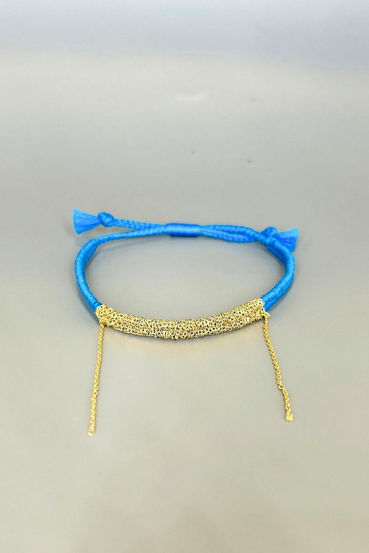 Handmade Saks Mavisi Dokuma Zincir Sallantılı Kılçık Bileklik