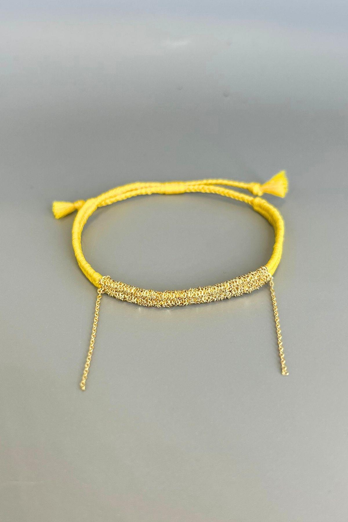 Handmade Sarı Dokuma Zincir Sallantılı Kılçık Bileklik