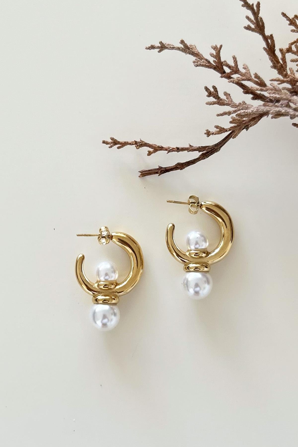 İki İnci Detaylı Halka Küpe