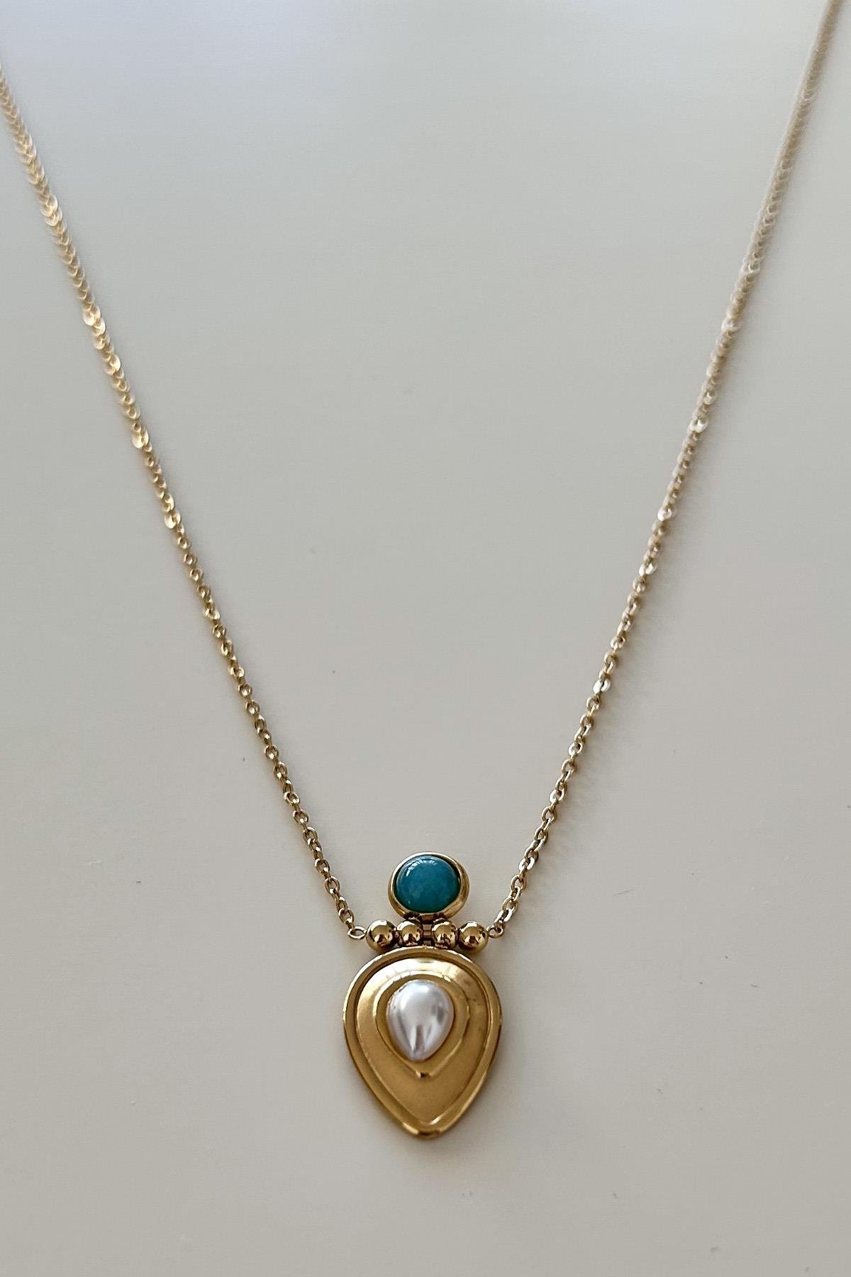 İnci Detaylı Turkuaz Çelik Kolye